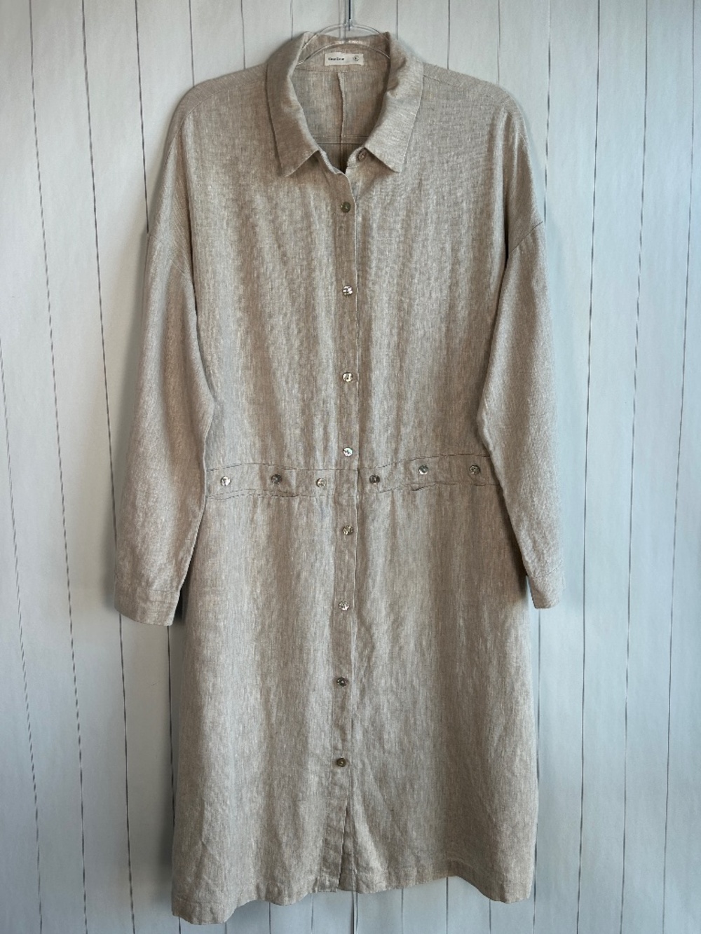 Grae Cove size XL midi shirt dress 100% linen beige w pockets lagenlook minimal